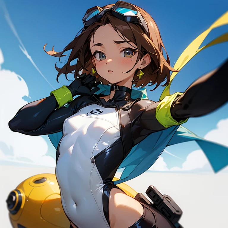 girl、confident face、earrings、thin、Outstanding style、modest chest、Goggles on foreheadをつけている、small ass、A thin 、loose clothing、that'belly button、white wetsuit with front zip(Separate tops and bottoms design)、Work gloves、Goggles on forehead、brown skin、middle hair、thin、cleavage、choker、thinウエスト、