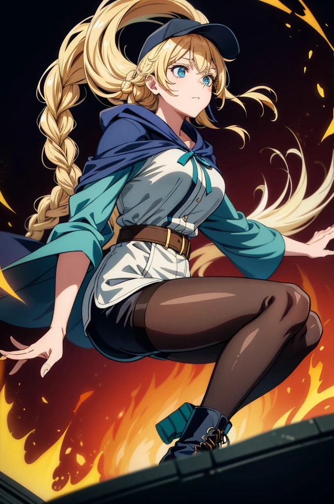 Masterpiece, illustration of a woman, (long hair), (teal hair plus style), (hunter cloak), (hair over one eye), face shadow, finely detailed, medium breasts, original, highres, (burning landscape), (evil background), scary aesthetic, strong presence, dark fantasy theme, colorful refraction, disheveled hair, marvelous illustration, detailed splash, best quality, (magical:1.1), ray tracing, (face shadow), (intricate detailed:1.2), (ultra detailed:1.2), (detailed light), dynamic pose,Eiko Tsukimi, blue eyes, braid, twin braid, (((blonde hair))), long hair,baseball cap,eiko tsukimi, blonde hair, blue eyes, braid, twin braids, long hair, baseball cap, multicolored jacket, white shirt, shorts, (pantyhose), medium boots