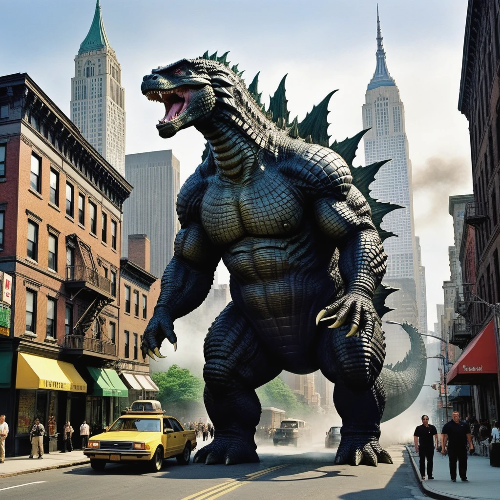 Come up with and depict a huge creature, combine Godzilla and Arnold Schwarzenegger in it, the creature should have more similarities with Godzilla, but it should also have the features of Arnold Alois Schwarzenegger, the resulting creature will be Schwarzilla, Schwarzilla huge towers over the houses of New York, an active scene, Schwarzilla goes through the streets and destroys everything in its path, Schwarzilla It is shown in detail, high resolution, 32k, masterpiece, difficult, cinematic,