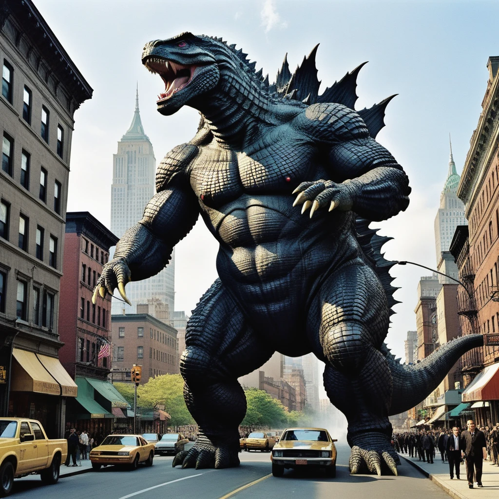 Come up with and depict a huge creature, combine Godzilla and Arnold Schwarzenegger in it, the creature should have more similarities with Godzilla, but it should also have the features of Arnold Alois Schwarzenegger, the resulting creature will be Schwarzilla, Schwarzilla huge towers over the houses of New York, an active scene, Schwarzilla goes through the streets and destroys everything in its path, Schwarzilla It is shown in detail, high resolution, 32k, masterpiece, difficult, cinematic,