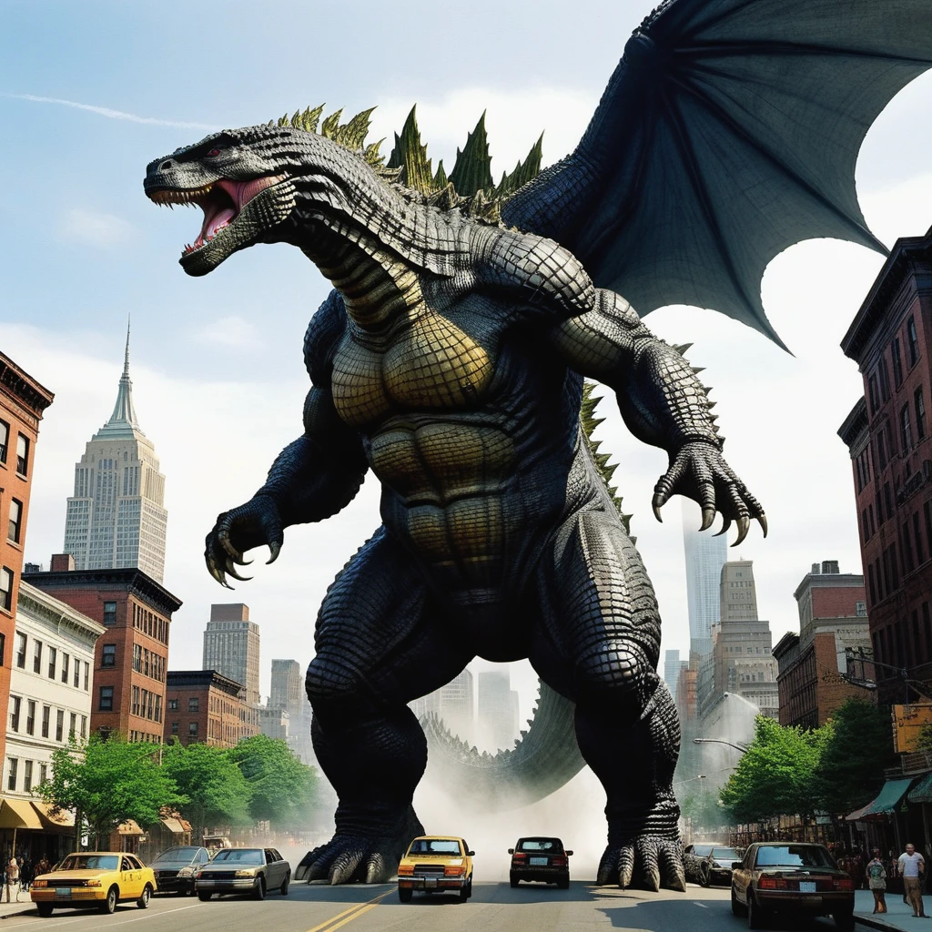 Come up with and depict a huge creature, combine Godzilla and Arnold Schwarzenegger in it, the creature should have more similarities with Godzilla, but it should also have the features of Arnold Alois Schwarzenegger, the resulting creature will be Schwarzilla, Schwarzilla huge towers over the houses of New York, an active scene, Schwarzilla goes through the streets and destroys everything in its path, Schwarzilla It is shown in detail, high resolution, 32k, masterpiece, difficult, cinematic,