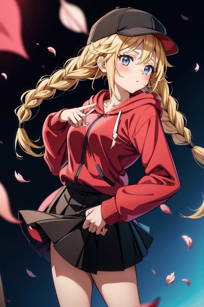 an anime girl with long hair wearing a sport jacket and red hat, 1girl, solo, long hair, blonde hair, blue eyes, hat, braid, twin braids, petals, black headwear, black skirt, breasts, hood, looking at viewer, skirt, blush, long sleeves, baseball cap, red hoodie, large breasts, hoodie, pleated skirt