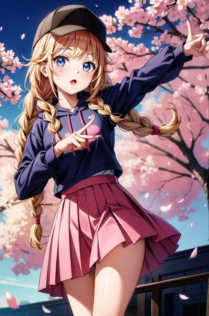 female anime character wearing pink clothing poses with one hand in the air like she is making a peace sign, 1girl, solo, braid, blonde hair, long hair, hat, twin braids, blue eyes, hood, skirt, black skirt, black headwear, baseball cap, pleated skirt, hoodie, looking at viewer, red hoodie, long sleeves, blush, cherry blossoms, hood down, day, petals