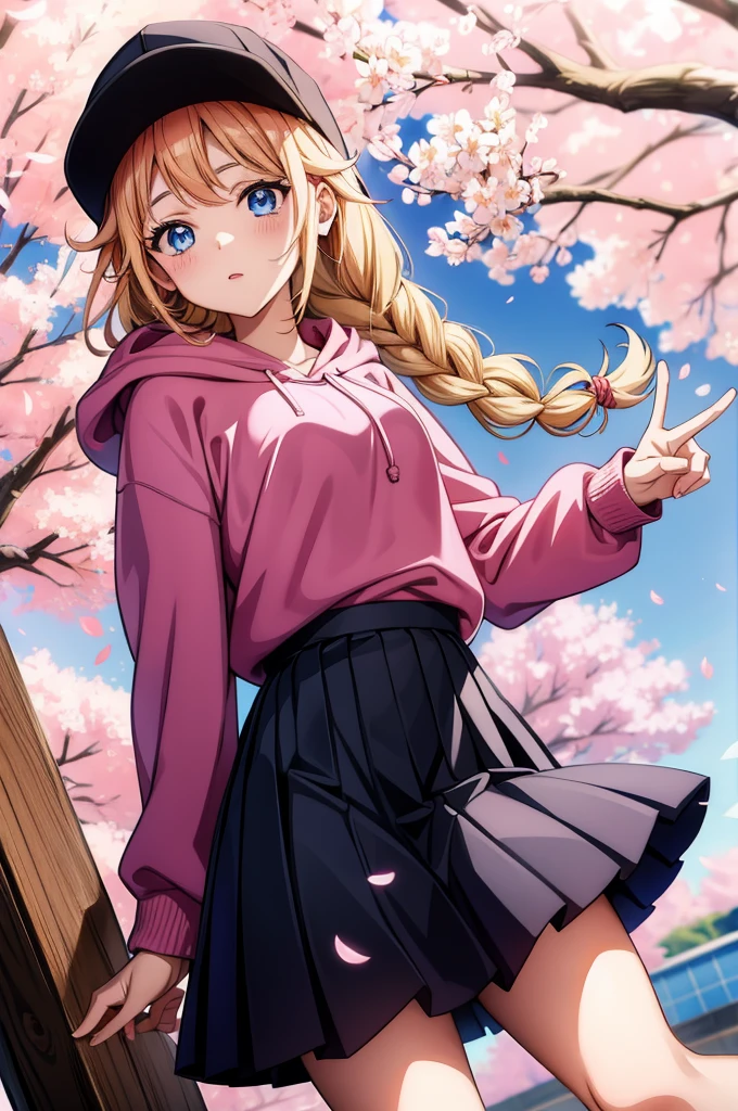 female anime character wearing pink clothing poses with one hand in the air like she is making a peace sign, 1girl, solo, braid, blonde hair, long hair, hat, twin braids, blue eyes, hood, skirt, black skirt, black headwear, baseball cap, pleated skirt, hoodie, looking at viewer, red hoodie, long sleeves, blush, cherry blossoms, hood down, day, petals