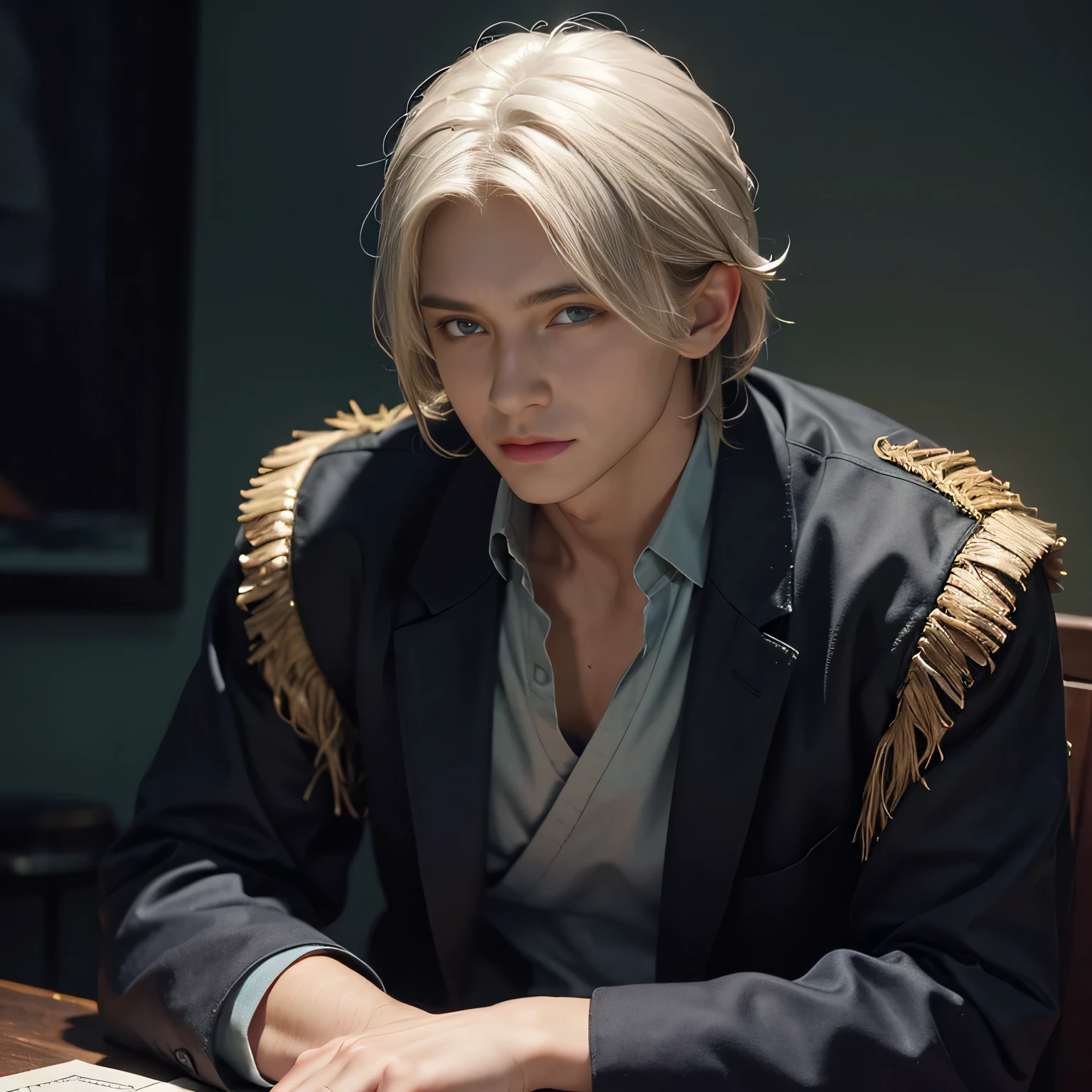 Hyperrealist portrait of male by david hockney and alphonse mucha,fantasy art, photo realistic, dynamic lighting, artstation, poster, volumetric lighting, very detailed faces, 4 k, award winning,, 1boy, in the dark, deep shadow, low key,cowboy shot,(official clothing:1.4),white hair,