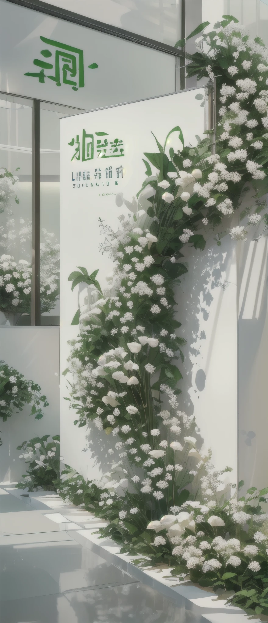  Design a backdrop with greenery and flowers in the shape of a ZINFANADOW pop-up shop, white backdrop, white ribbons floating down from the backdrop, minimalism, luxury, green, big logo text " Choose Hdirection, Yabu Design, Liu County Flower Shop, Chinese Calligraphy, HD Quality, High Detail, Very Detailed, Fine, Architectural Footage, Surrealism , Unreal Engine 5