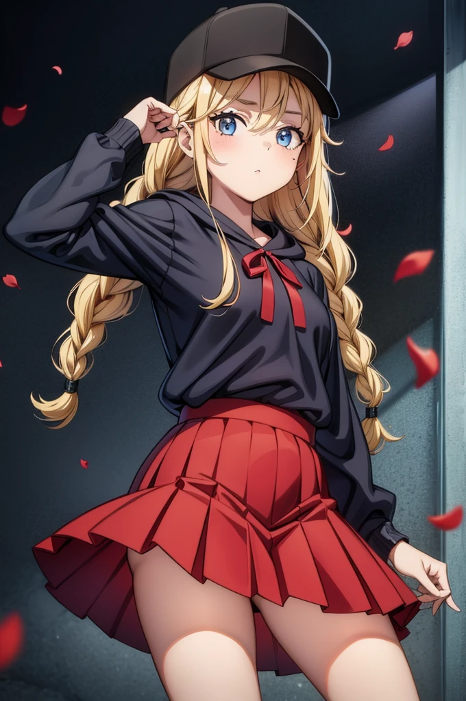 a lady with long blonde hair in a red skirt and a black shirt talking on a phone, 1girl, solo, long hair, blonde hair, skirt, braid, blue eyes, red hoodie, petals, hat, breasts, blush, looking at viewer, pleated skirt, black headwear, baseball cap, long sleeves, hood, mole, mole under eye