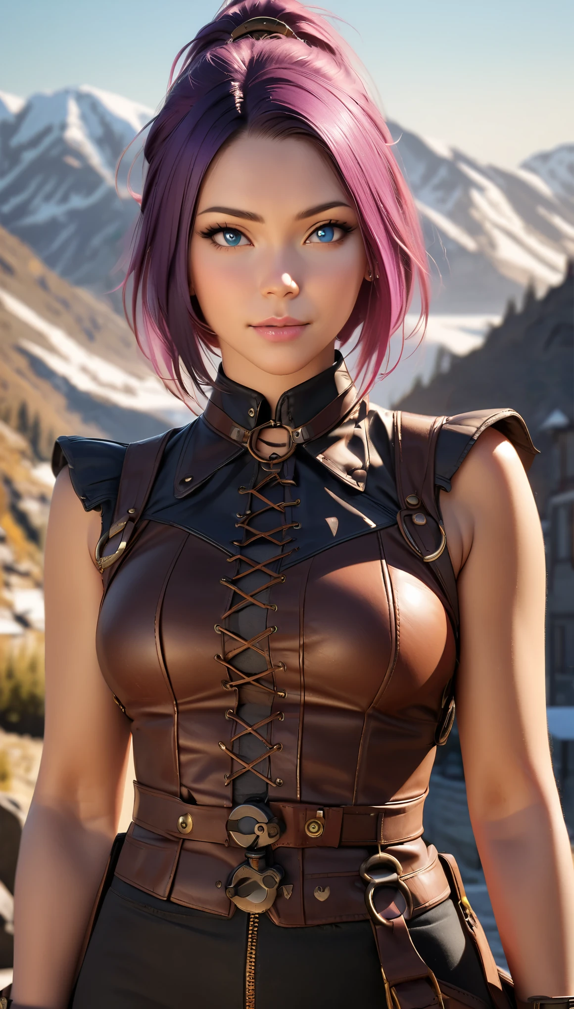 (photo_(medium):1.2), by Antonio J. Manzanedo, by Jeremy Lipking, 1girl, looking at the camera, (facing the viewer:1.1), (photorealistic:1.2), hyperrealistic, photorealism, close-up, head and shoulders, purple hair with rainbow streaks, short hair, ponytail, bangs, blue eyes, friendly, eyelashes, steampunk, sleeveless, subsurface skin scattering, snowy mountain background, symmetry, depth of field, 8k, vfx, hdr, rtx