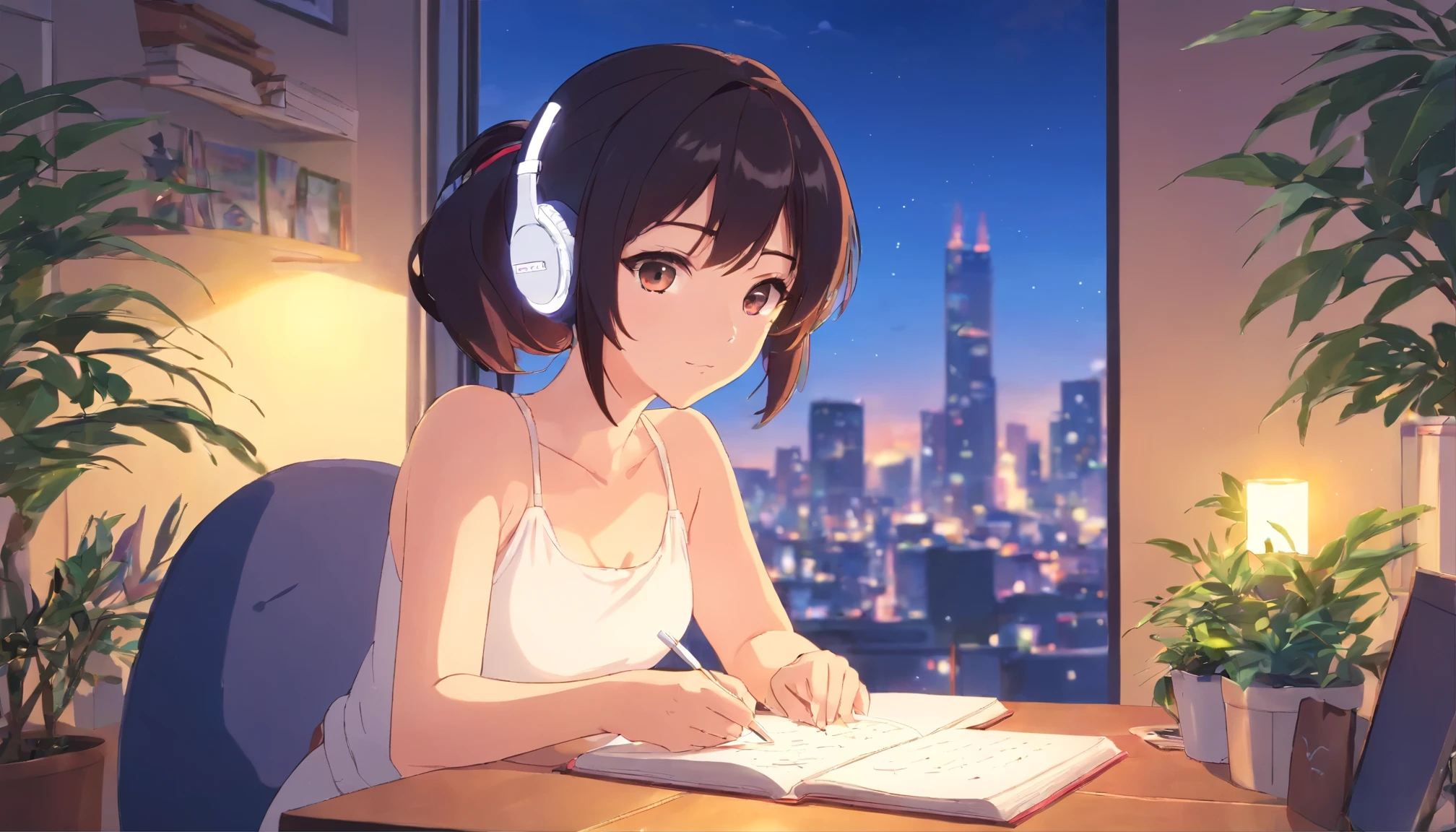 anime girl wearing white headphones, gournaling, short ponytail, black hair, 24 years old, wearing camisole navel exposed, Exposed cleavage, big breasts G-cup, revealing skin, lofi girl anime vibes, lofi artstyle, anime style 4k, anime aesthetic, nightcore, lofi feel, lofi art, anime art wallpaper 4k, anime wallpaper 4k, lofi vibes, studying, plants in the room, have a pen, writing in a notebook, a mug on the table, a lighted candle on the table, city view, sunrise, white headphone, anime style, cinematic lighting, Sony FE GM, masterpiece, best quality, 4K