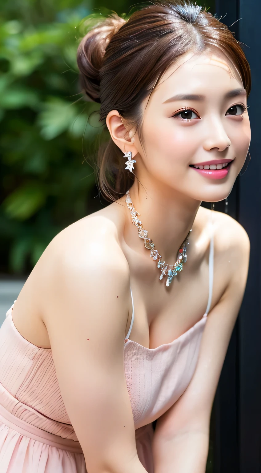 (highest quality, 4k, masterpiece :1.3), sharp focus, shallow depth of field, Bright colors, professional level,
20-year-old, 1 person, Japanese beautiful face,
Supple body :1.3, model body shape:1.5, perfect style:1.4,
narrow shoulders, beautiful clavicle, long and thin legs, The beauty of slim abs :1.2, thin waist :1.2,
super detailed skin, Fair skin, Shiny skin,
super detailed face, slim facial contour, beautiful small face, Beautiful lined nose,
super detailed eyes, long slit eyes, brown eyes, double eyelid, Beautiful thin eyebrows, fine long eyelashes,
super detailed lips, plump lips, glossy pink lips, flushed cheeks, beautiful teeth,
Beautiful actress's ennui makeup, pink lipstick, (necklace, earrings),
dark brown hair, delicate soft hair,
(hair up, short hair, ponytail:1.2), layer cut, (dull bangs:1.2),
(Dress up with trendy fashion:1.2),
gentle smile, open mouth half way, Enchanted expression, stare at the camera,
dynamic lighting, ((Hasselblad Photos)),
(stylish looking earrings,necklace,bracelet,gyuru,shiny nail art:1.2),
(((photorealism,Shoot the whole body from the thighs))), ((Body posture facing forward)),
(wet in the rain, wet in the rain, wet body :1.2),