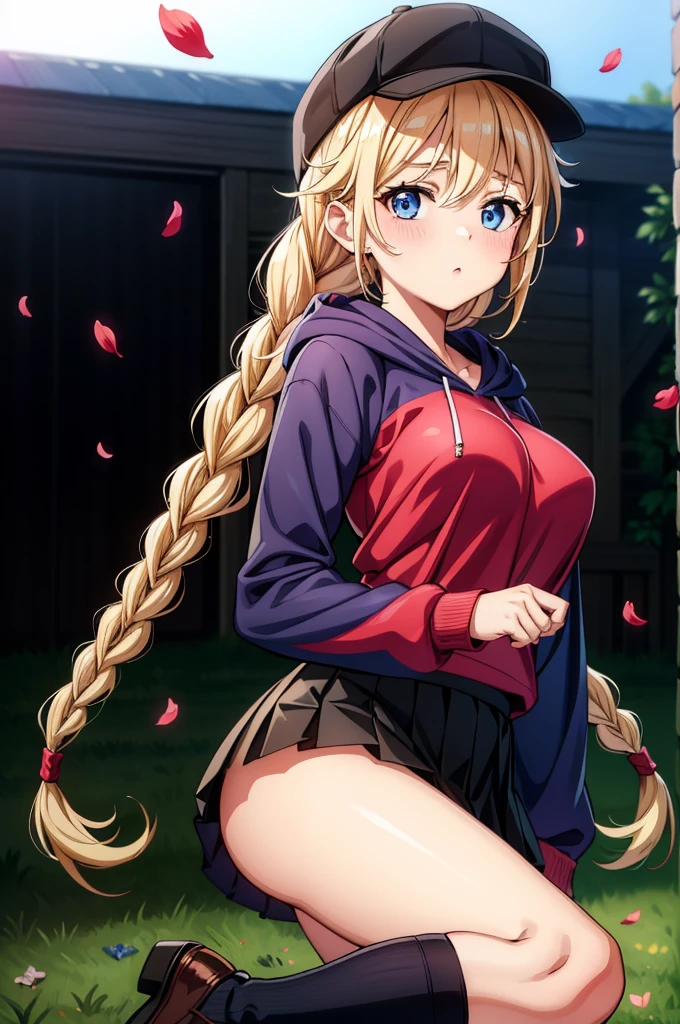 a very young looking female wearing a cap, a tank top and a jacket, 1girl, solo, blonde hair, twin braids, braid, blue eyes, breasts, hat, black skirt, hood, petals, blush, skirt, flower, black headwear, large breasts, hoodie, red hoodie, long hair, pleated skirt, looking at viewer