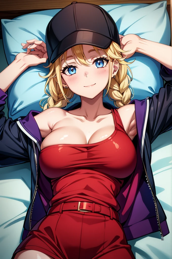 a woman in a baseball cap posing with a pillow on her back, 1girl, solo, braid, twin braids, breasts, blonde hair, hat, long hair, blue eyes, jewelry, black headwear, earrings, looking at viewer, smile, lying, jacket, cleavage, armpits, baseball cap, open jacket, on back, open clothes, collarbone, rose, flower, red flower, white shirt, red rose, shirt, red jacket, blush