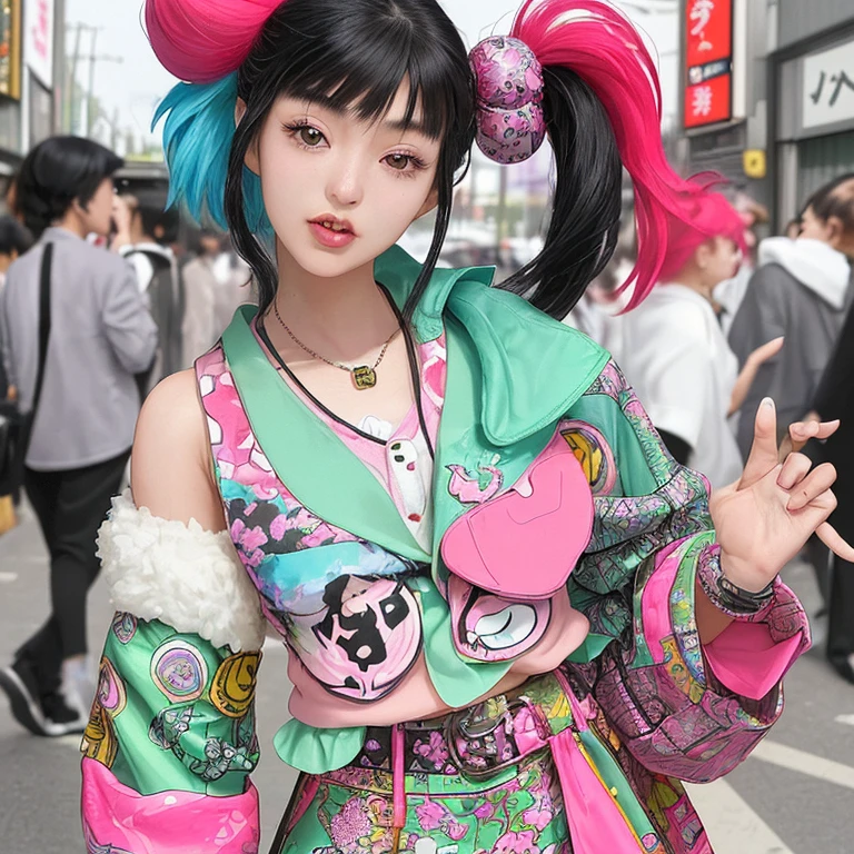 (8k, highest quality, ultra detailed:1.37), (Eriko), 18yo, (a stylish Japanese college girl), showcases her unique fashion sense in the vibrant streets of Harajuku. She rocks a colorful and eclectic outfit, combining different patterns, textures, and accessories. The high-resolution image captures ultra-detailed realism, emphasizing Eriko's captivating eyes, flawless complexion, and confident expression. The vibrant and bustling Harajuku atmosphere serves as a backdrop, highlighting Eriko's bold and playful style.