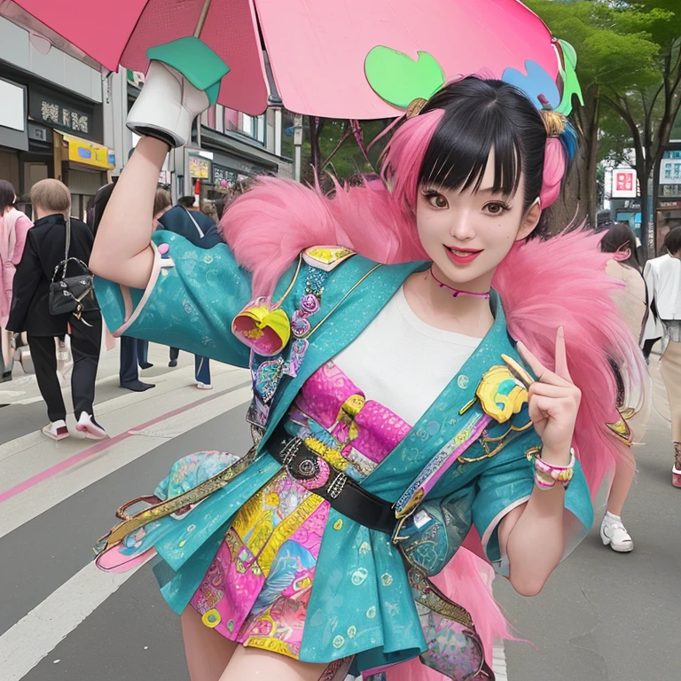 (8k, highest quality, ultra detailed:1.37), (Eriko), 18yo, (a stylish Japanese college girl), showcases her unique fashion sense in the vibrant streets of Harajuku. She rocks a colorful and eclectic outfit, combining different patterns, textures, and accessories. The high-resolution image captures ultra-detailed realism, emphasizing Eriko's captivating eyes, flawless complexion, and confident expression. The vibrant and bustling Harajuku atmosphere serves as a backdrop, highlighting Eriko's bold and playful style.