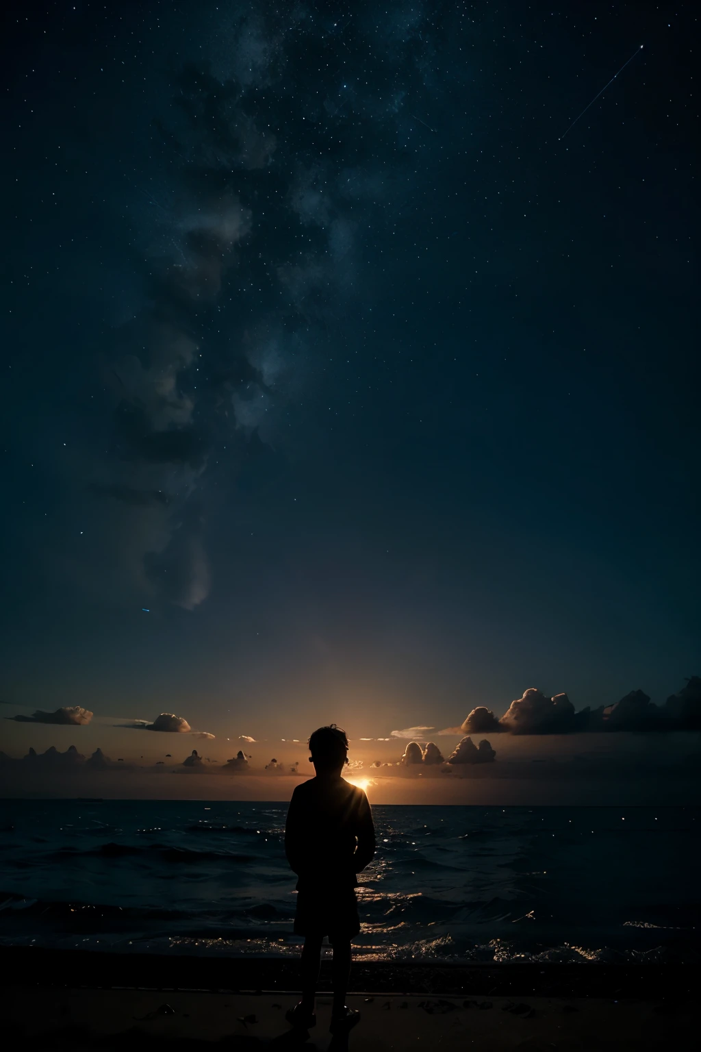 ,silhouette,1boy, star (sky), cloud, seascape, sea, outdoors, skyscraper, , night, night sky, sunset, skyline,realistic