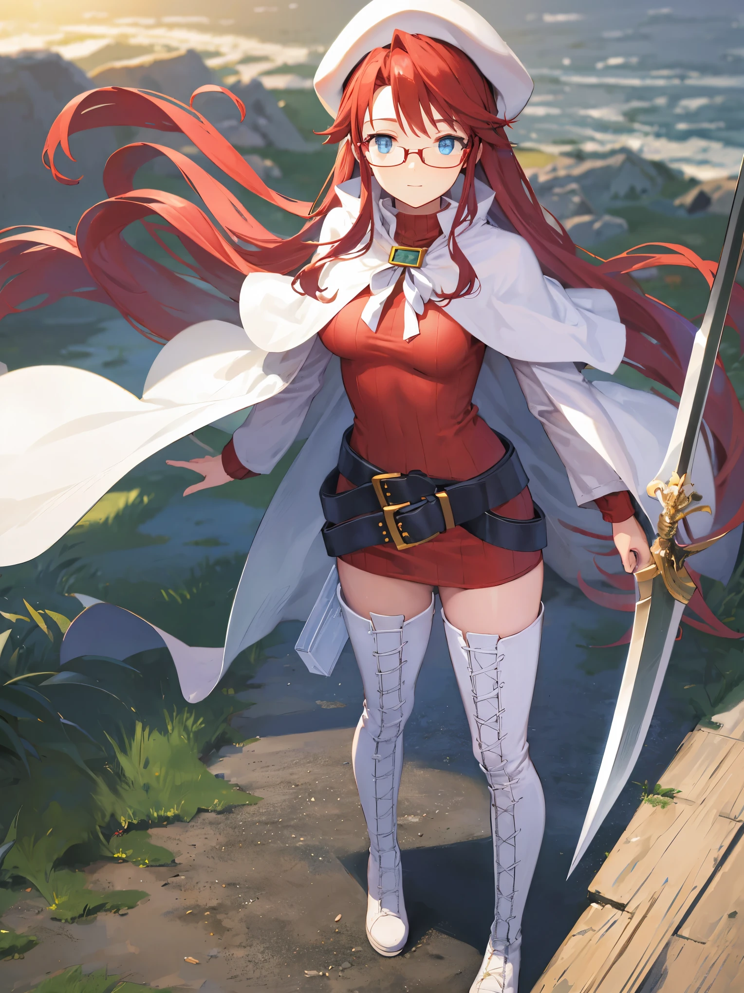 summonnightaty, aty, long hair, blue eyes, red hair, beret, hat, glasses,
BREAK long hair, thighhighs, hat, dress, boots, glasses, belt, cape, sweater, zettai ryouiki, beret, thigh boots, white footwear, ribbed sweater, loose belt,solo,
BREAK outdoors, fantasy,on_a_ship,
BREAK (masterpiece:1.2), best quality, high resolution, unity 8k wallpaper, (illustration:0.8), (beautiful detailed eyes:1.6), extremely detailed face, perfect lighting, extremely detailed CG, (perfect hands, perfect anatomy),covered_nipples,covered_navel,light_smile ,(half_eyes:1.4),sword,armpit,sleepy,dynamic_standing,barrel,red_sweater,apart_legs,magical_effect,