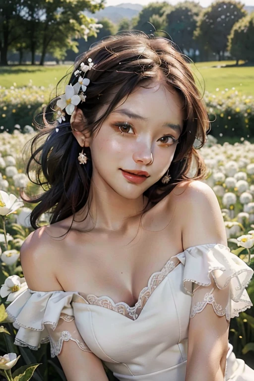 Best quality, masterpiece, ultra high res, (photorealistic:1.4), raw photo, 1girl, white dress, off shoulder, blossom flower field, glowing skin, light smile