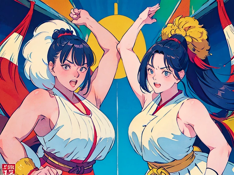 Sumo wrestler、Fighting Girls、two women、on the ring