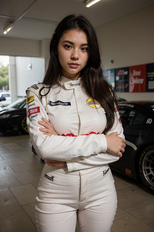 realistic headshot photography portrait of a beautiful 23 year old asian mixed black woman. slim face. She is facing into the camera. She has straight black hair. She has soft plump pink round lips. She has light freckles on her face. She is wearing a leather racecar fire suit , standing next to winning racecar, holding a trophy, perfectly detailed, race track in background