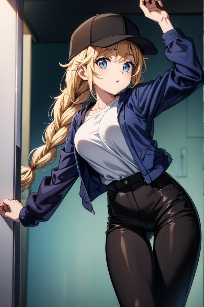 a cartoon woman with big round eyes and a big mouth posing near a door, 1girl, solo, blonde hair, braid, hat, blue eyes, twin braids, shirt, long hair, pants, black headwear, breasts, looking at viewer, white shirt, jacket, baseball cap, thigh gap, shirt tucked in, long sleeves, black pants, 