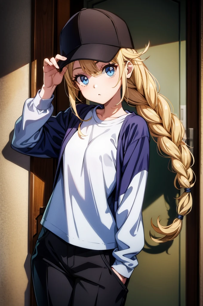 a cartoon woman with big round eyes and a big mouth posing near a door, 1girl, solo, blonde hair, braid, hat, blue eyes, twin braids, shirt, long hair, pants, black headwear, breasts, looking at viewer, white shirt, jacket, baseball cap, thigh gap, shirt tucked in, long sleeves, black pants, 