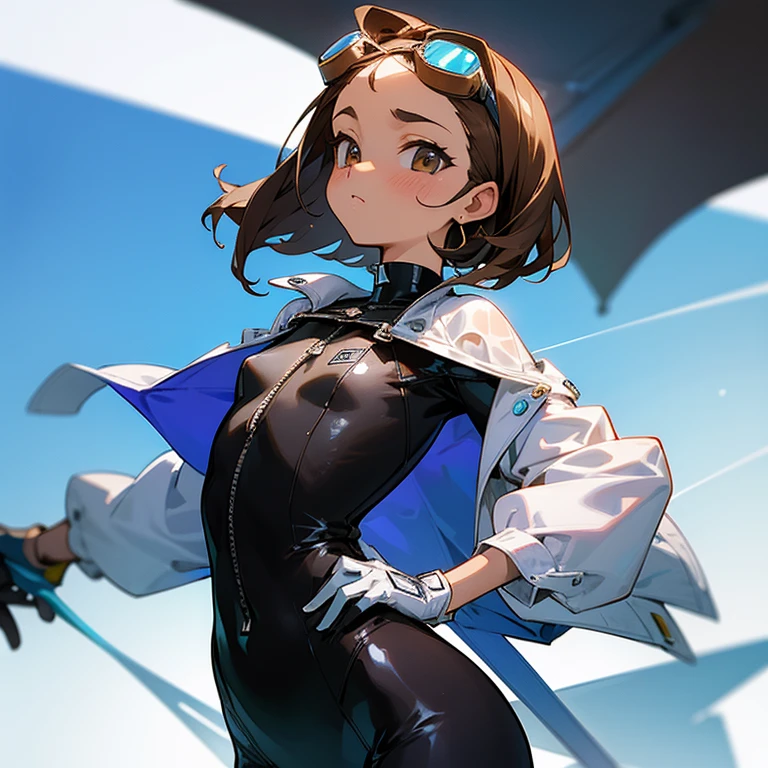 girl、confident face、earrings、thin、Outstanding style、modest chest、Goggles on foreheadをつけている、small ass、A thin 、The navel is visible、Zip design、white wetsuit with front zip(Separate tops and bottoms design)、Work gloves、Goggles on forehead、brown skin、middle hair、thin、cleavage、choker、thinウエスト、