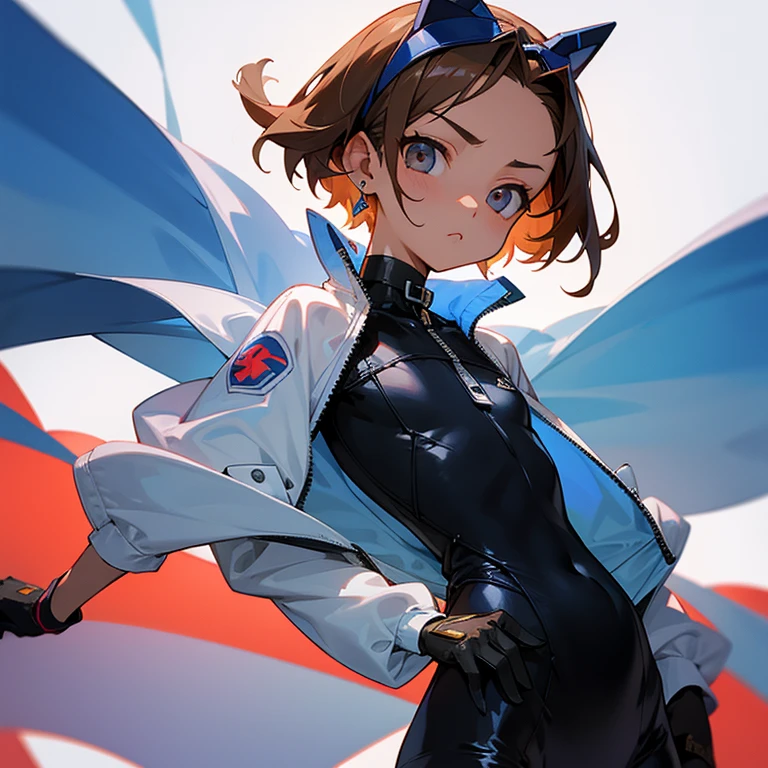 girl、confident face、earrings、thin、Outstanding style、modest chest、Goggles on foreheadをつけている、small ass、A thin 、The navel is visible、Zip design、white wetsuit with front zip(Separate tops and bottoms design)、Work gloves、Goggles on forehead、brown skin、middle hair、thin、cleavage、choker、thinウエスト、
