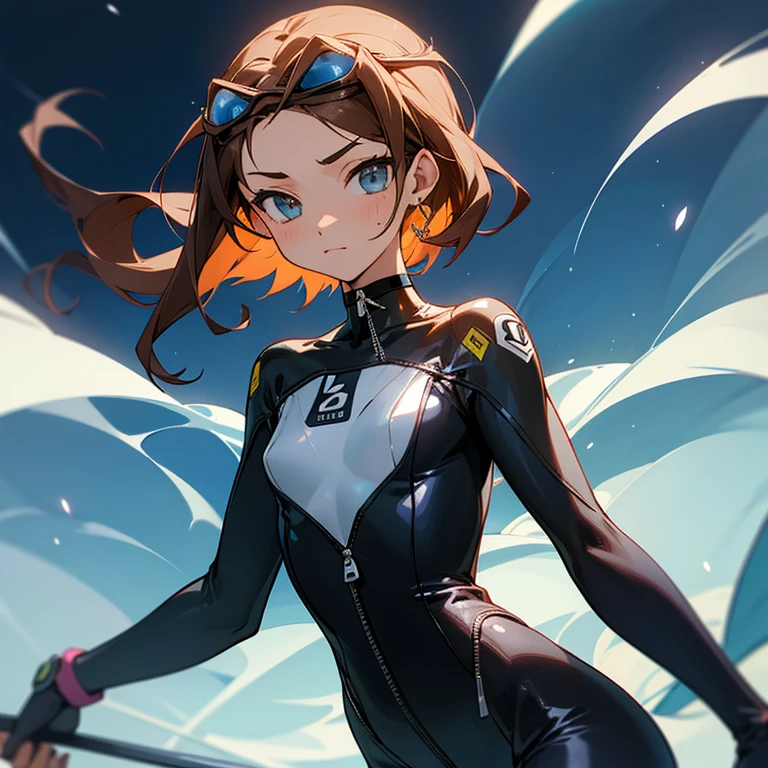 girl、confident face、earrings、thin、Outstanding style、modest chest、Goggles on foreheadをつけている、small ass、A thin 、The navel is visible、Zip design、white wetsuit with front zip(Separate tops and bottoms design)、Work gloves、Goggles on forehead、brown skin、middle hair、thin、cleavage、choker、thinウエスト、