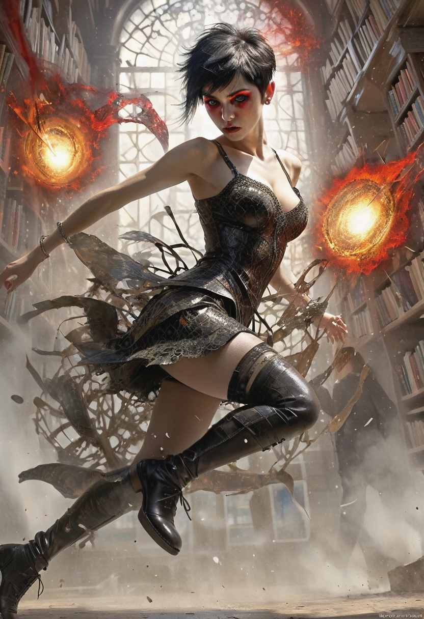 teen girl, library, art by Carne Griffiths and Wadim Kashin, tear books, destroy books, damage books, stockings, fantasy background, aflame shade, Darkness, blood, devastate library, red and black, stockings, short pixie cut with undercut, angry, rebellious, destruction, rack damage, havoc, dilapidation, emphasize , destroying, wrecking, exhibit breast, passionate, ragged see-through dress, very big cleavage, lean, tall, long legs, long waist, emphasize , hips, heels, tattooed legs, short pixie cut with undercut, big Bosoms, slim face, big eyes, full lips, small nose, detailed red eyes, hyperdetailed face, sharp focus, perfect eyes, fantasy background, haze, ultra-detailed, film photography, light leaks, Larry Bud Melman, trending on artstation, sharp focus, studio photo, intricate details, highly detailed, by greg rutkowski