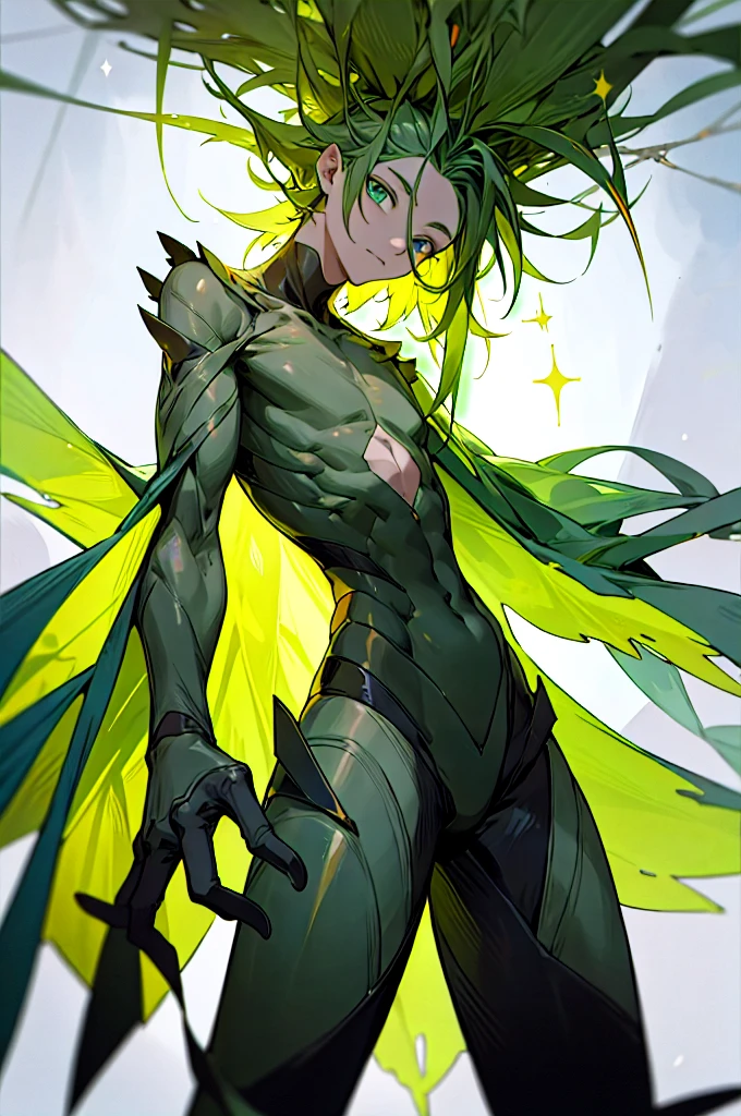  Human-tree hybrid. Its body is covered with thin bark, And the hair resembles foliage. His eyes sparkle green, and the skin has a coating like that of a tree trunk. He has a special connection with nature and is able to control plant growth. 
