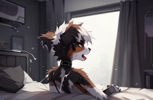 Cyberpunk Bedroom, ((by reysi)), Furry, ((Australian Shepard)), (solo), ((slender)), dark fur, white hair, ((****)), ((male)), (robot legs, robot spine), (black mascara, ear ring, tight choker, short tail, shaking motion lines), nude, (annoyed, frown, yelling), (on bed, lying on stomach, butt raised, face pushed into bed), ((cum on butt, behind view,))