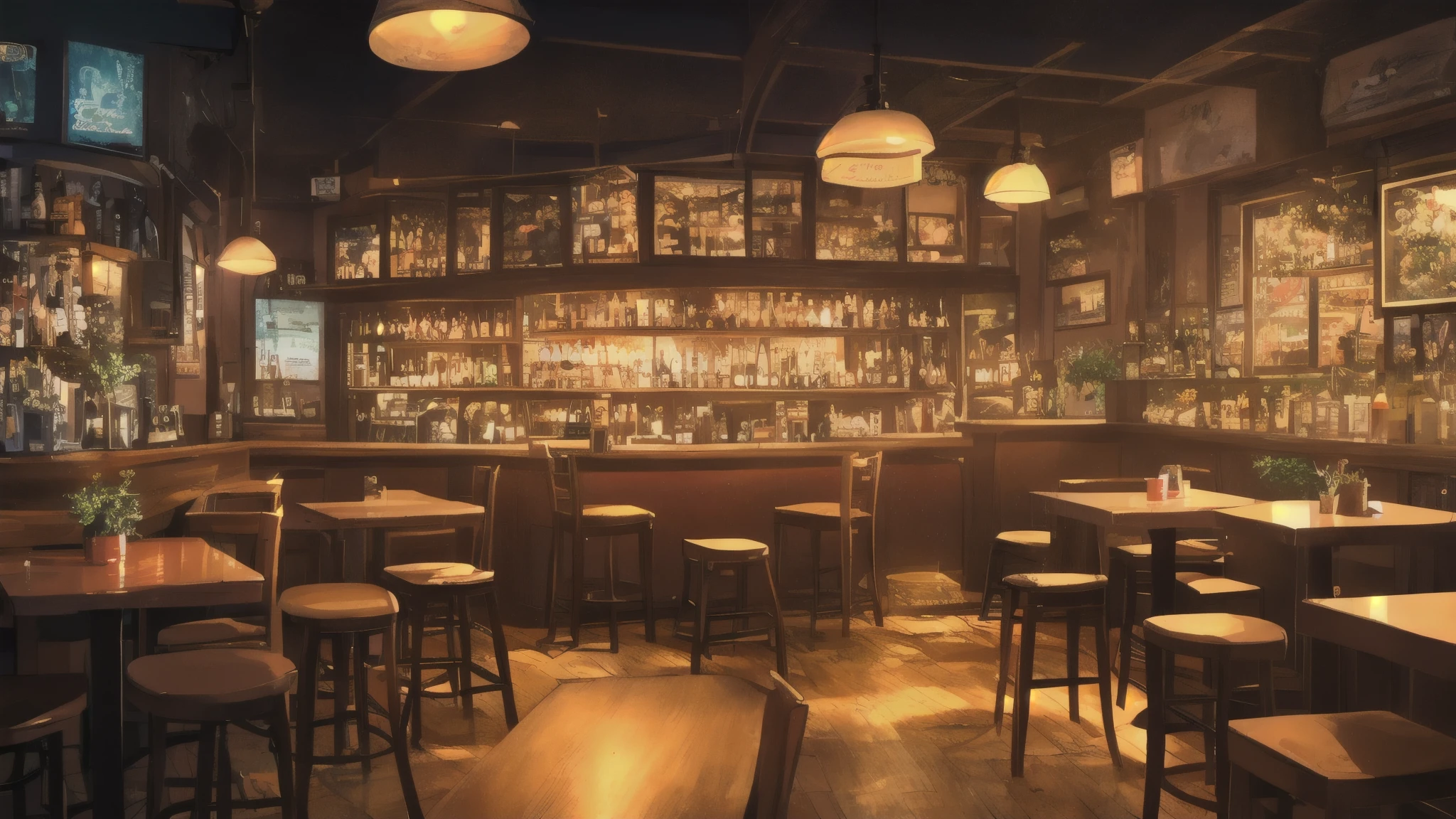 There is a bar with a clock on the wall and a bar with stools, cozy cafe background, anime background art, pleasant cozy atmosphere, bar background, background art, relaxing concept art, background artwork, A dimly lit cozy pub, cozy atmosphere, Multidimensional cozy izakaya, anime background, Lounge background, More about Sky Jazz Cafe, A dimly lit cozy pub