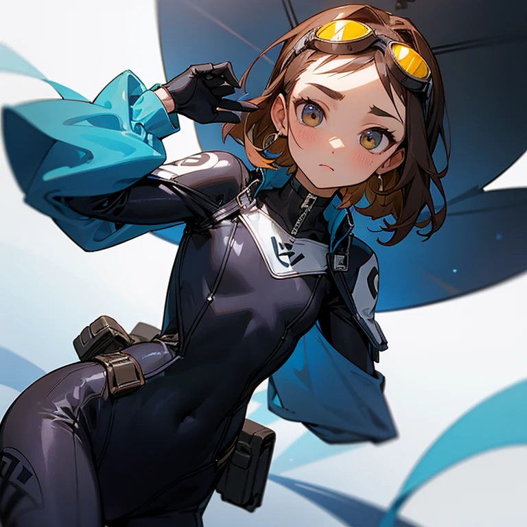 girl、confident face、earrings、thin、Outstanding style、modest chest、Goggles on foreheadをつけている、small ass、A thin 、The navel is visible、Zip design、white wetsuit with front zip(Separate tops and bottoms design)、Work gloves、Goggles on forehead、brown skin、middle hair、thin、cleavage、choker、thinウエスト、