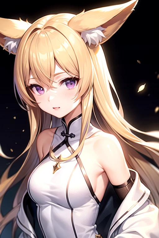 blonde、long hair、fox ears、purple eyes、Beauty、(White Chinese dress with open shoulders and exposed shoulders)、fantastic background、looking at the camera、white coat、whole body、