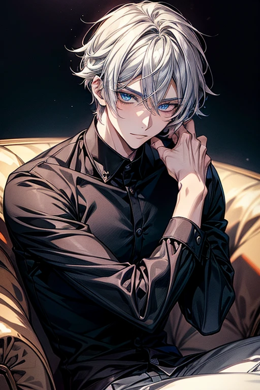 Anime handsome boy wearing black shirt and sitting on white sofa,dynamic pose，Handsome anime style，e blue eyes，High Quality Anime Portraits,((detailed eyes,beautiful face))