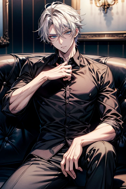 Constantine, man sitting on the floor, smoking a cigarette, dressed in a suit, black tie, broken glass on the floor, leaning against a wall, dark and gloomy scene