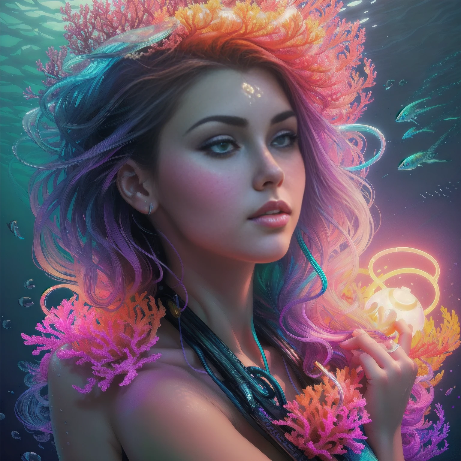 [Adriana Chechik], mature woman, 1girl, gorgeous and medium breast, underwater, sea, digital painting, (full body), (lightroom:1.13), soft light,
(corals swimming tropical fishes medusa tentacles ),
(natural skin texture:1.2), sharp focus, focused, glass led brain lines, corals skin, jellyfish style, art by Anna Dittmann, masterpiece, highres,
realistic, cyberpunk, :<, colorful,
[(colorful explosion psychedelic paint colors:1.2)::0.20],
intricate one piece swimsuit,

cgsociety, analytical art, detailed painting, glowing neon, iridescent paint, intricate artwork by Tooth Wu, ((art by Android Jones)), wlop, beeple, octane, green eyes, bright face, (smart:0.7),