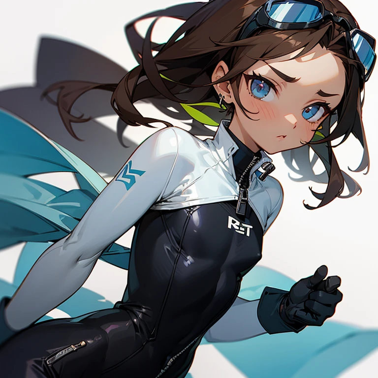 girl、confident face、earrings、thin、Outstanding style、modest chest、Goggles on foreheadをつけている、small ass、A thin 、belly button、high neck、white wetsuit with front zip（Separate tops and bottoms design）、Work gloves、Goggles on forehead、brown skin、middle hair、thin、cleavage、choker、thinウエスト、