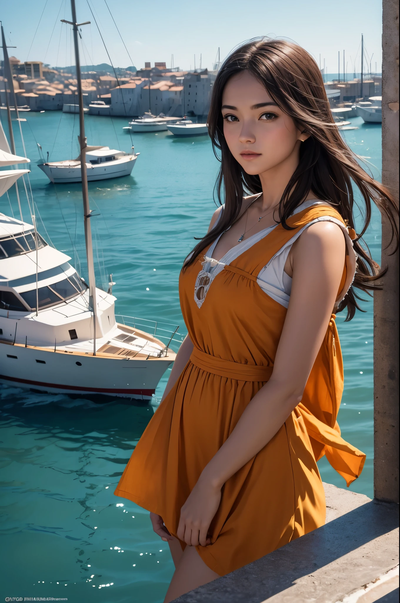 8K,A large medieval port city,sailboat,Bustling people々,unified orange roof,masterpiece,masterpiece,Photorealistic RAW photos of the highest quality。bright colors,rich colors, Backlight, cinematic lighting, film grain, to be born, 50MM lens, Nikon D850,realistic skin,fantasy art,character art,ultra high resolution,white wall,Homer,beautiful sea,beautiful expression,