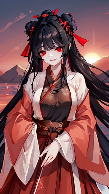 young woman with a good body shape. Has long black hair. Red eyes. wearing a hanfu and accessories on the head that are identical in red. outdoor. background sunset. curly eyelashes. carrying a long and sharp sword. sweet smile. bun hair. like a god