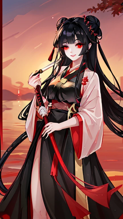 young woman with a good body shape. Has long black hair. Red eyes. wearing a hanfu and accessories on the head that are identical in red. outdoor. background sunset. curly eyelashes. carrying a long and sharp sword. sweet smile. bun hair. like a god