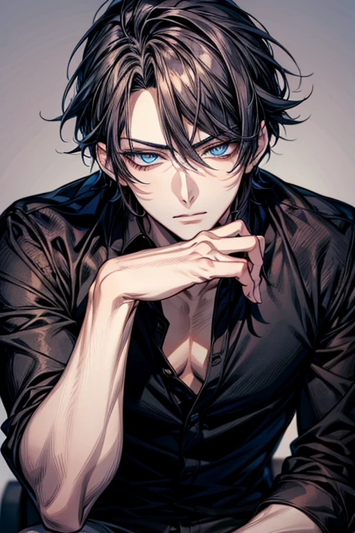 Anime handsome man wearing a black shirt and sitting on a white sofa,adult,dynamic pose，Handsome anime style，e blue eyes，High Quality Anime Portraits,((detailed eyes,beautiful face))