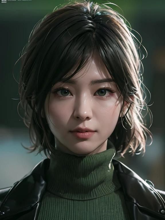 arafed image of a woman with a green turtleneck and a black jacket, a picture inspired by Leng Mei, trending on cg society, conceptual art, 8k portrait render, ps5 cinematic screen capture, square enix cinematic art, 8 k uhd character details, cinematic close-up bust shot, unreal 6 breathtaking detailed