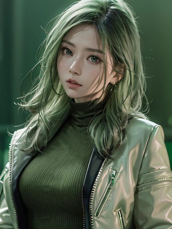 arafed image of a woman with a green turtleneck and a black jacket, a picture inspired by Leng Mei, trending on cg society, conceptual art, 8k portrait render, ps5 cinematic screen capture, square enix cinematic art, 8 k uhd character details, cinematic close-up bust shot, unreal 6 breathtaking detailed
