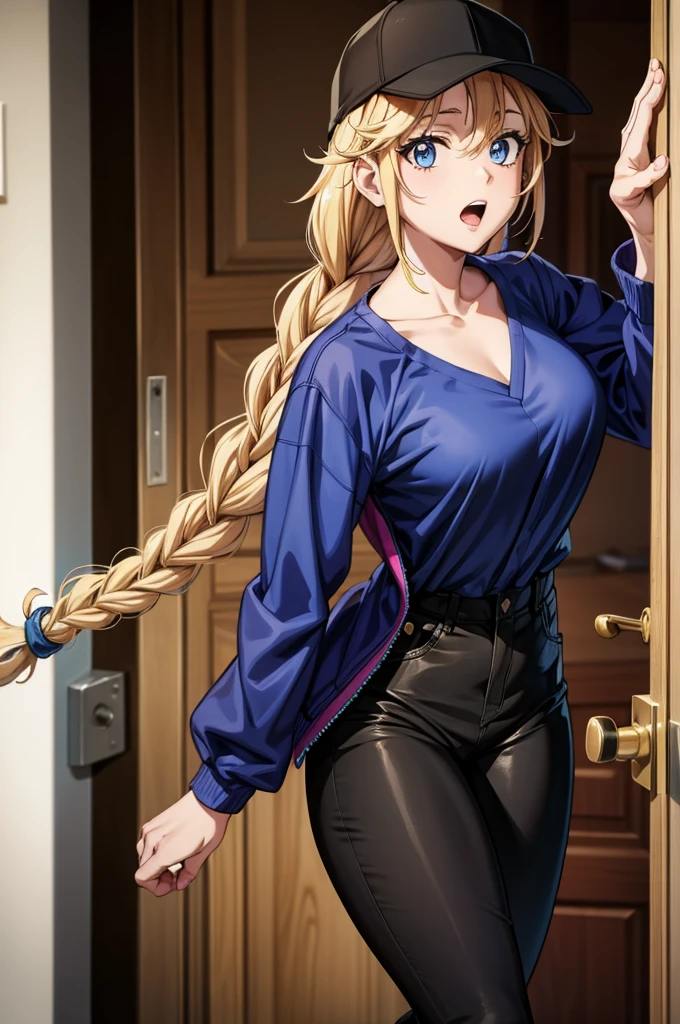 a sexy female cartoon character holding a door open in her hand showing off her , 1girl, hat, breasts, blonde hair, blue eyes, pov doorway, braid, long hair, large breasts, open mouth, twin braids, pants, jacket, shirt, looking at viewer, doorway, door, baseball cap, black pants, black headwear, white shirt, collarbone