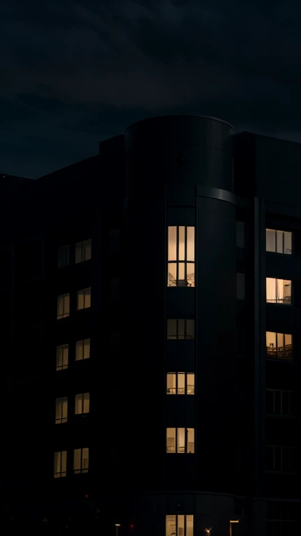 Nébulecorp's headquarters at twilight, the building's sleek design contrasting with the dark, foreboding atmosphere.