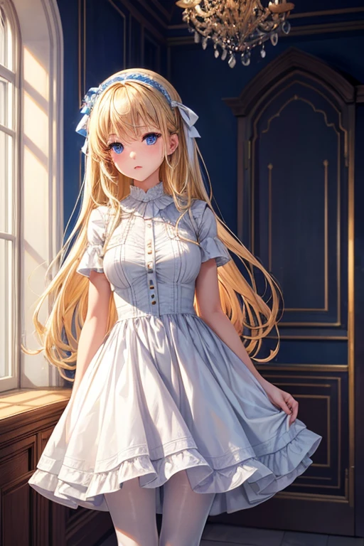 highest quality, masterpiece, ultra high resolution, surrealism, room, white pantyhose,1girl,blonde hair,blue eyes, white dress,hair accessory,standing,