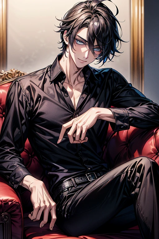 Anime handsome man wearing a black shirt and sitting on a white sofa,adult,dynamic pose,Handsome anime style,e blue eyes,High Quality Anime Portraits,((detailed eyes,beautiful face)),bewitching smile