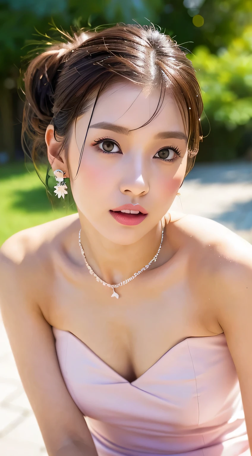 Gentle and lovely Chinese beauty, Exquisite and sexy clavicle, Charming goose egg face, Double eyelids, Bright peach blossom eyes, Pink lips, Small upturned nose, Bare shoulders, focused face, Close-up of face, Ultra HD, Super Detail, Full body image, Ultra-thin and light-transmissive, optimal ratio: four fingers and one thumb, JK mini skirt