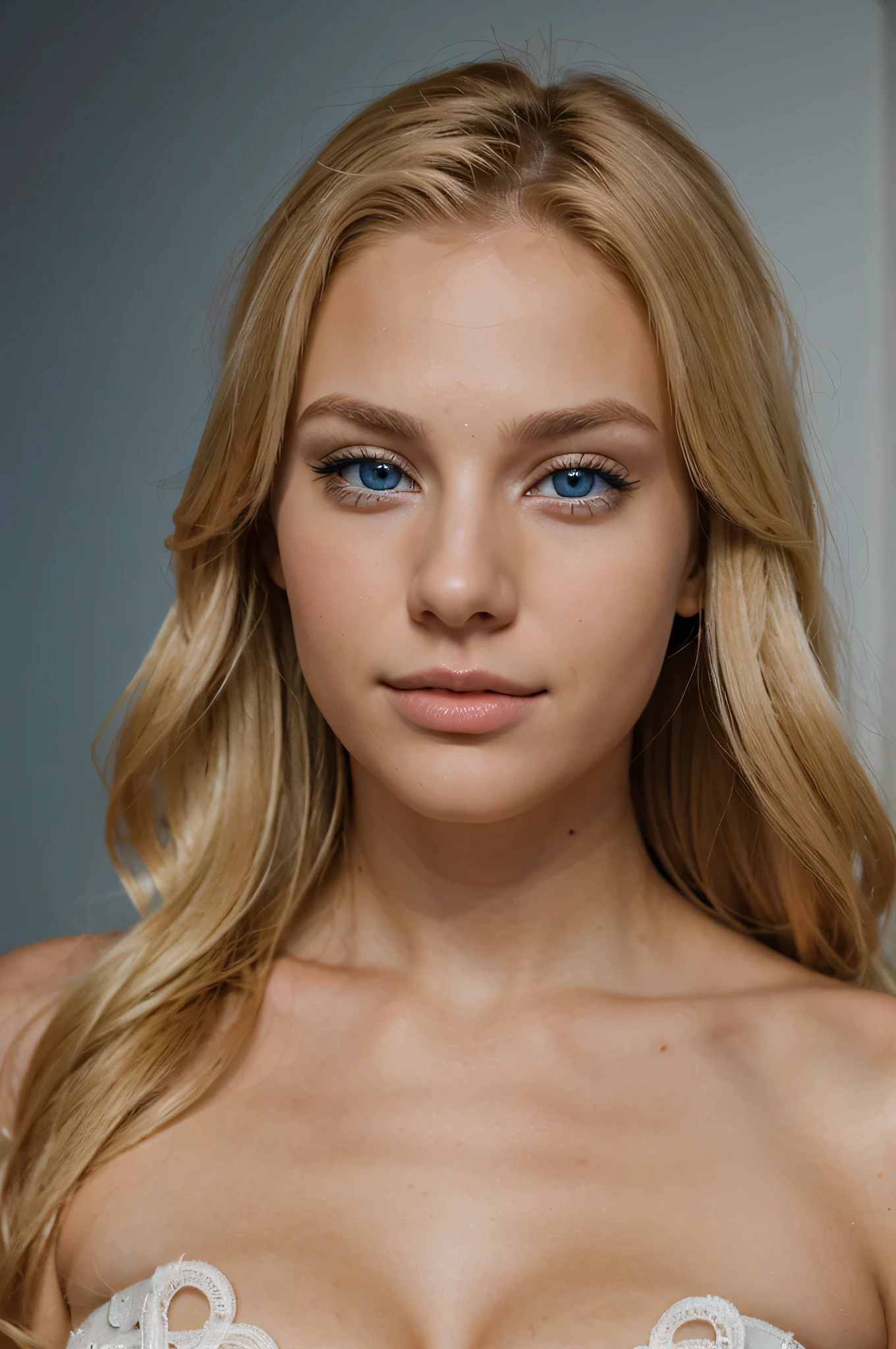 a very pretty and attractive blonde hair 25 year old with blue eyes. Very realistic. facing camera